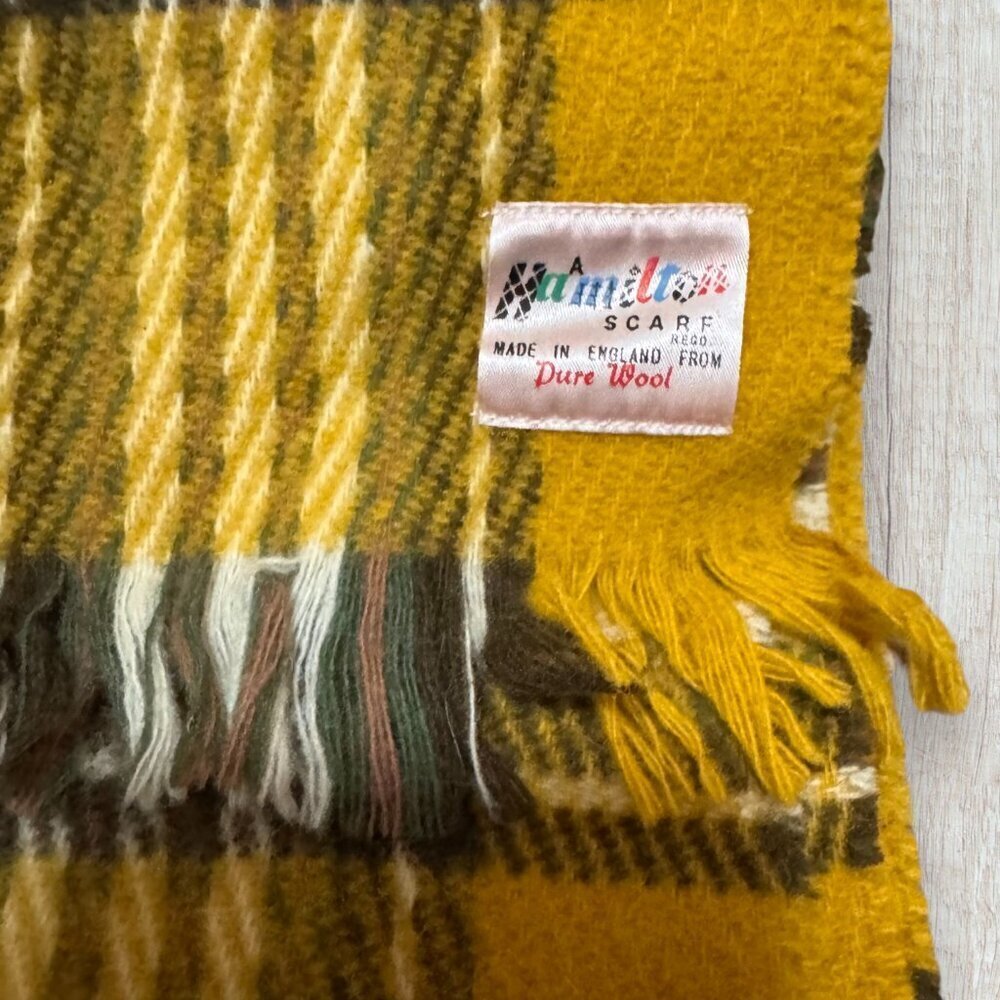 Vintage Hamilton England Wool Tartan Scarf Mustard Green Plaid Fringe Womens - Picture 2 of 2